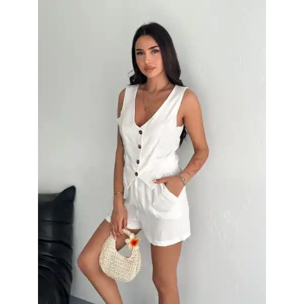 Kadın keten şort yelek takım s3461