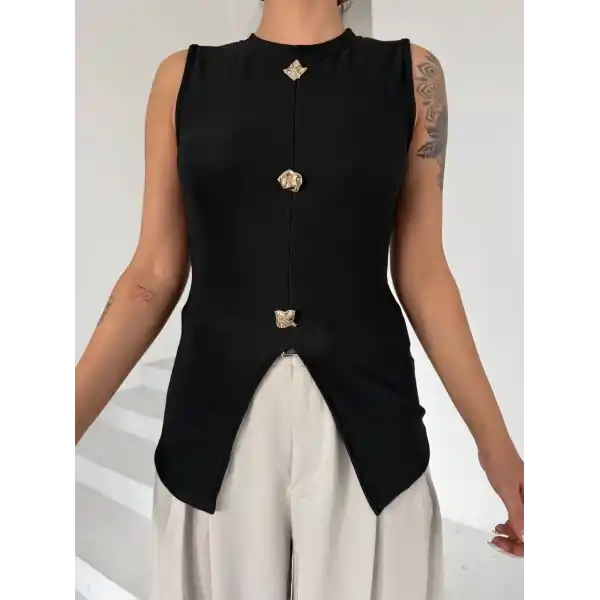 Kadın siyah bisiklet yaka gold düğmeli ottoman bluz s2310