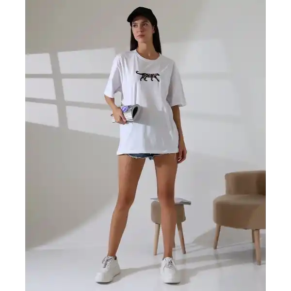 Kaplan nakış işlemeli Oversize tişört