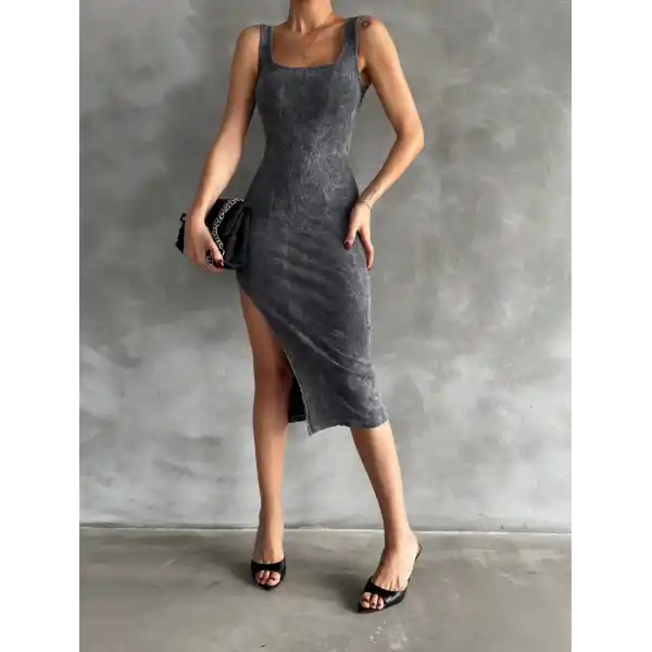 Kaşkorse aşit yıkamalı yırtmaçlı elbise