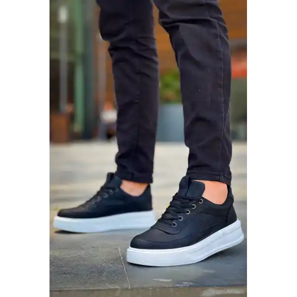 KB-006 Kuback Siyah Cilt Yüksek Taban Bağcıklı Günlük Erkek Ayakkabı