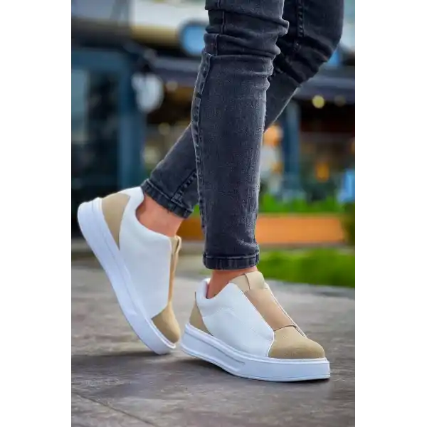 KB-007  Kuback  Beyaz Bej Yüksek Taban Tek Bant Bağcıksız Günlük Erkek Ayakkabı