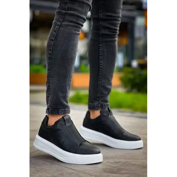 KB-007  Kuback Siyah Beyaz Yüksek Taban Tek Bant Bağcıksız Günlük Erkek Ayakkabı