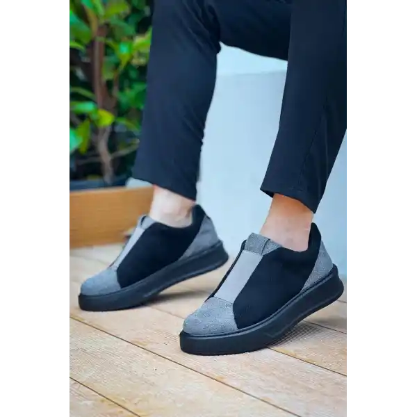 KB-007  Kuback Siyah Gri Siyah Yüksek Taban Tek Bant Bağcıksız Günlük Erkek