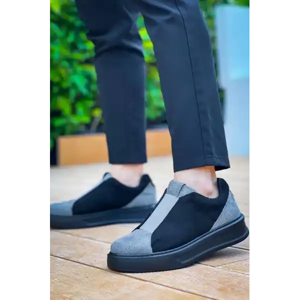 KB-007  Kuback Siyah Gri Siyah Yüksek Taban Tek Bant Bağcıksız Günlük Erkek