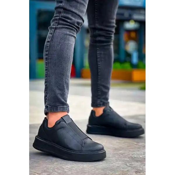 KB-007  Kuback Siyah Siyah Yüksek Taban Tek Bant Bağcıksız Günlük Erkek Ayakkabı