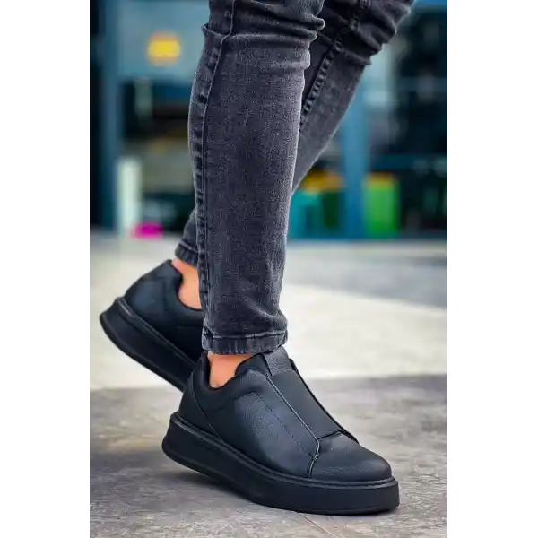 KB-007  Kuback Siyah Siyah Yüksek Taban Tek Bant Bağcıksız Günlük Erkek Ayakkabı