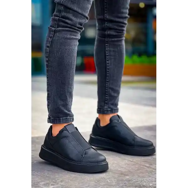 KB-007  Kuback Siyah Siyah Yüksek Taban Tek Bant Bağcıksız Günlük Erkek Ayakkabı