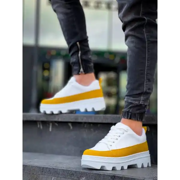 KB-056 Kuback Beyaz Sarı Detaylı Beyaz Yüksek Taban Günlük Spor Ayakkabı