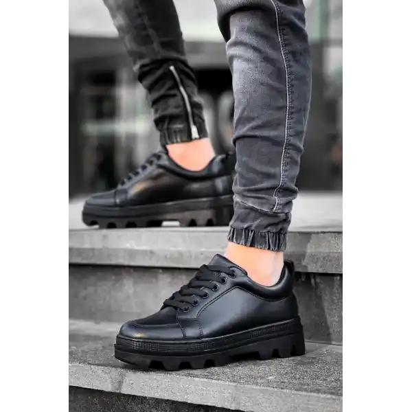 KB-056 Kuback Siyah Cilt Siyah Yüksek Taban Günlük Spor Ayakkabı