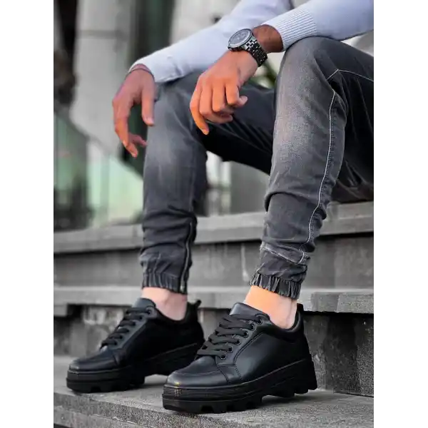 KB-056 Kuback Siyah Cilt Siyah Yüksek Taban Günlük Spor Ayakkabı