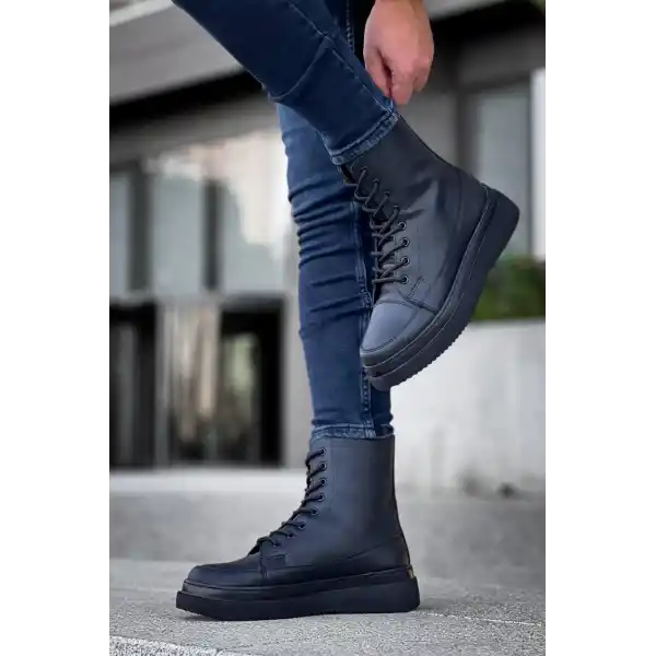 KB-0991  Kuback Siyah Cilt Siyah Yüksek Taban  Bağcıklı  Postal Bot