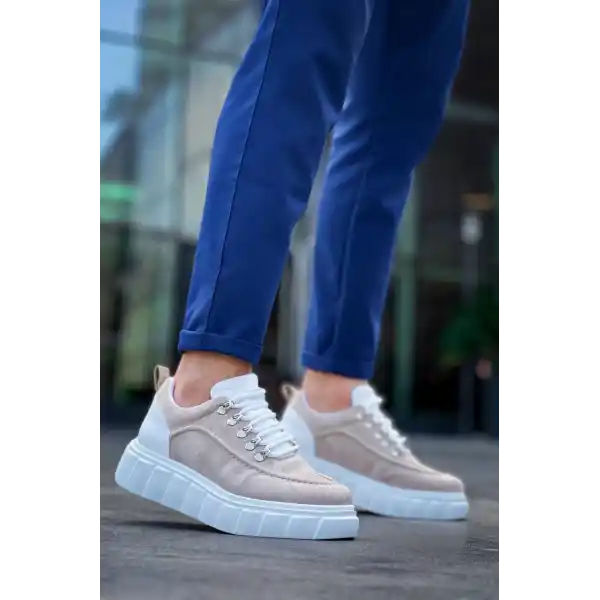 KB-X10 Kuback Bej Süet Beyaz Yüksek Taban Günlük Spor Ayakkabı