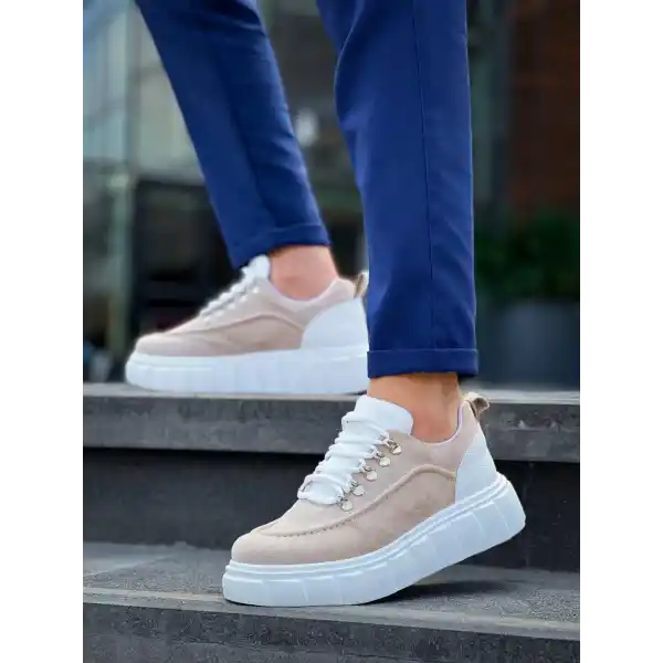 KB-X10 Kuback Bej Süet Beyaz Yüksek Taban Günlük Spor Ayakkabı