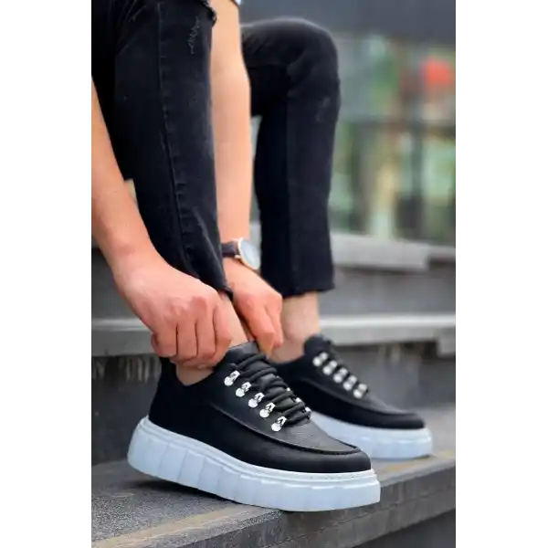 KB-X10 Kuback Siyah Cilt  Beyaz Yüksek Taban Günlük Spor Ayakkabı