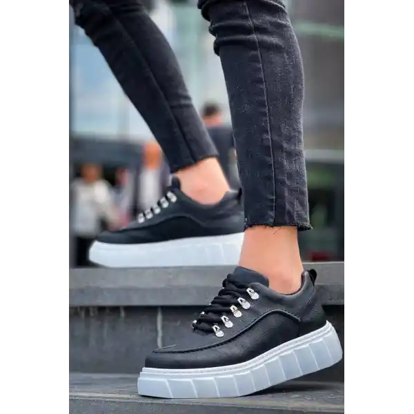 KB-X10 Kuback Siyah Cilt  Beyaz Yüksek Taban Günlük Spor Ayakkabı