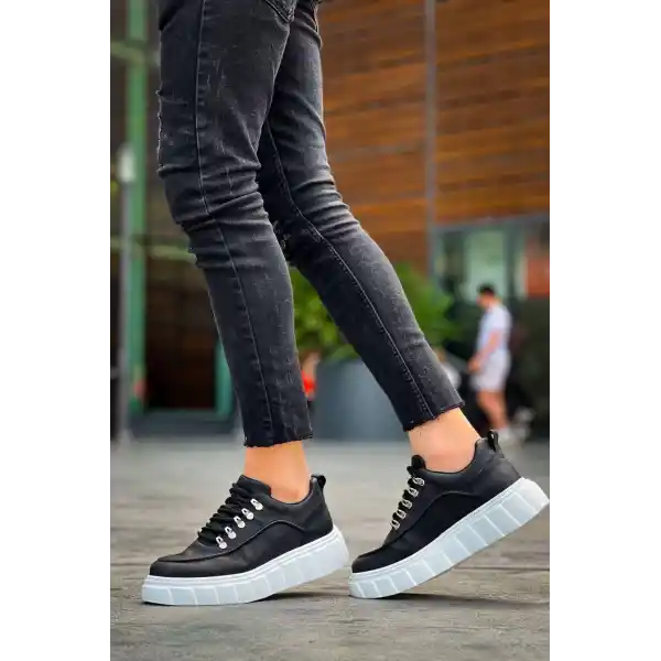 KB-X10 Kuback Siyah Cilt  Beyaz Yüksek Taban Günlük Spor Ayakkabı