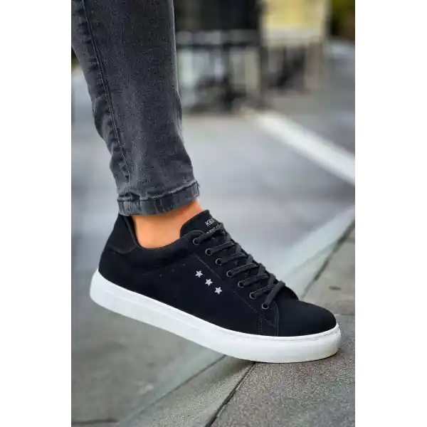 KB-X7  Kuback Siyah Süet Yüksek Beyaz Taban Bağcıklı Günlük Erkek Ayakkabı