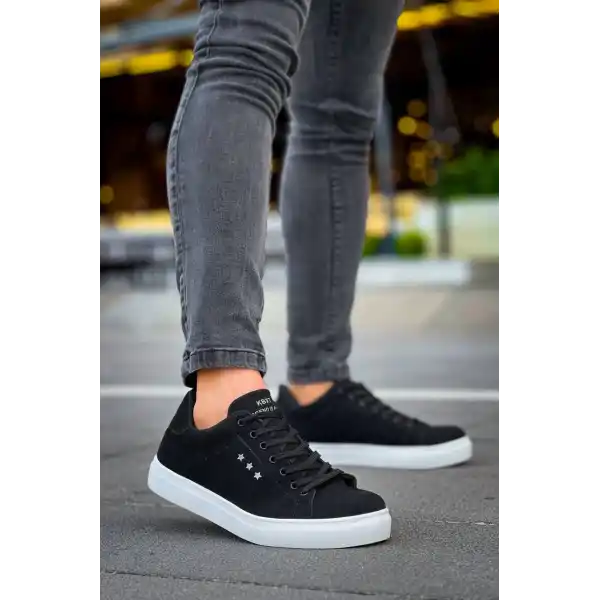 KB-X7  Kuback Siyah Süet Yüksek Beyaz Taban Bağcıklı Günlük Erkek Ayakkabı