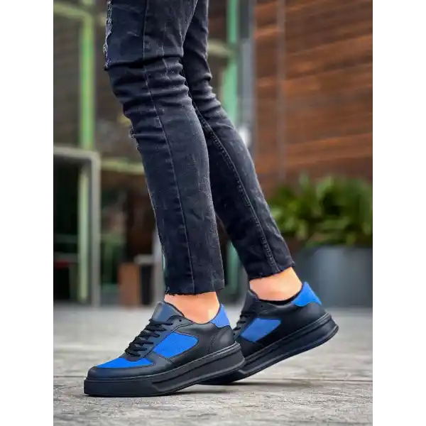 KB-X8 Kuback Siyah Cilt Mavi Süet Detaylı Siyah Yüksek Taban Günlük Spor Ayakkabı