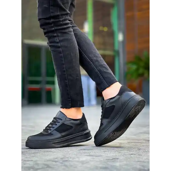 KB-X8 Kuback Siyah Cilt Siyah Süet  Detaylı Siyah Yüksek Taban Günlük Spor Ayakkabı