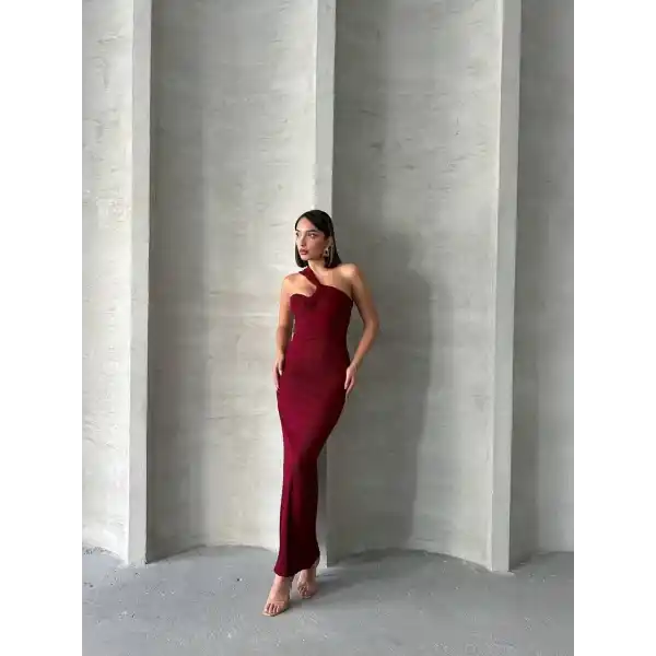 Krinkıl tek omuz uzun elbise bordo s25455