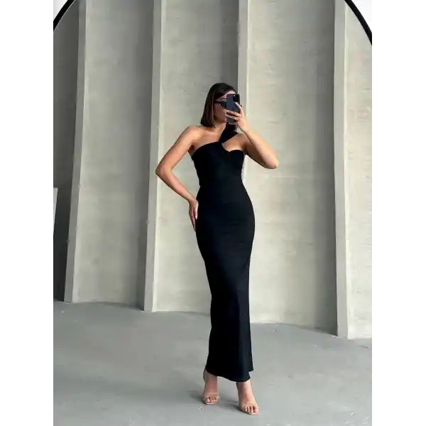 Krinkıl tek omuz uzun elbise siyah s25455