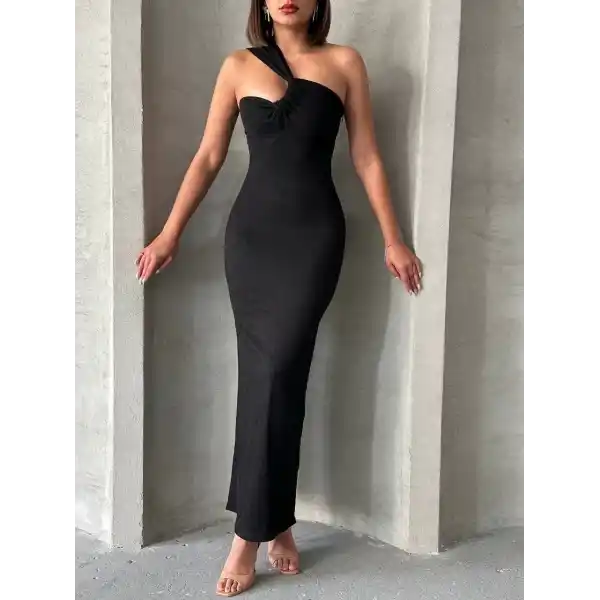 Krinkıl tek omuz uzun elbise siyah s25455