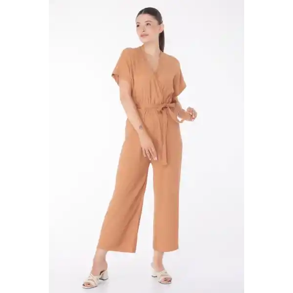 Kruvaze Yaka Kadın Vizon Kuşaklı Tulum