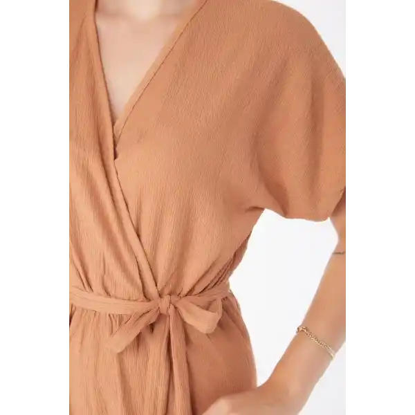 Kruvaze Yaka Kadın Vizon Kuşaklı Tulum