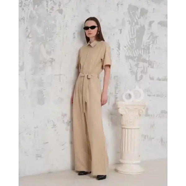 Kuşaklı gömlek yaka salaş tulum bej s255822