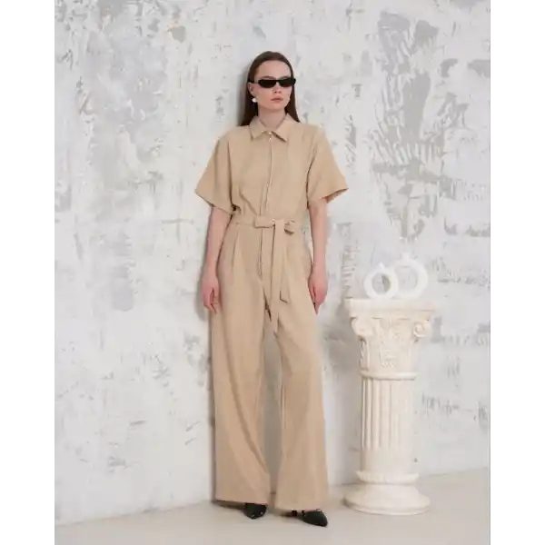 Kuşaklı gömlek yaka salaş tulum bej s255822