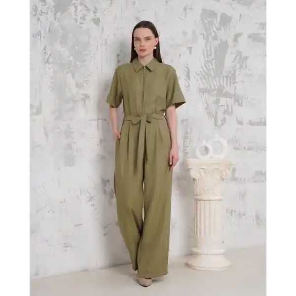 Kuşaklı gömlek yaka salaş tulum haki s255822