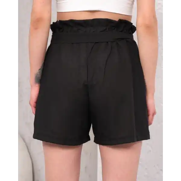 Kuşaklı keten şort siyah s255265