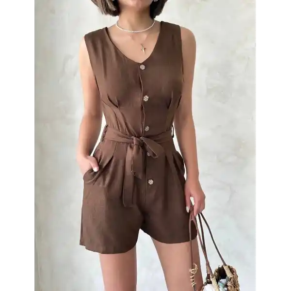 Kuşaklı şortlu tulum