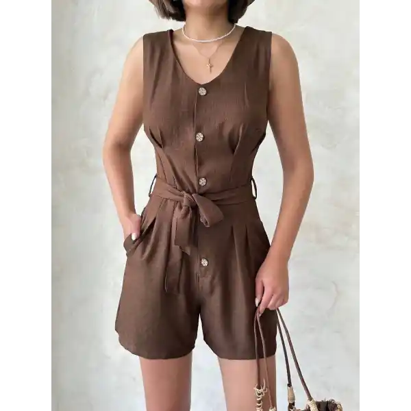 Kuşaklı şortlu tulum