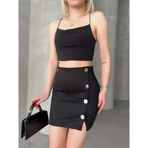 Likralı gabardin dört düğmeli etek