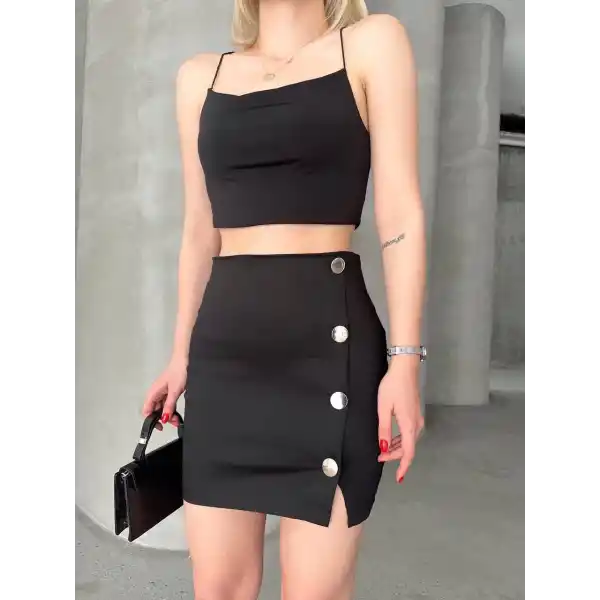 Likralı gabardin dört düğmeli etek