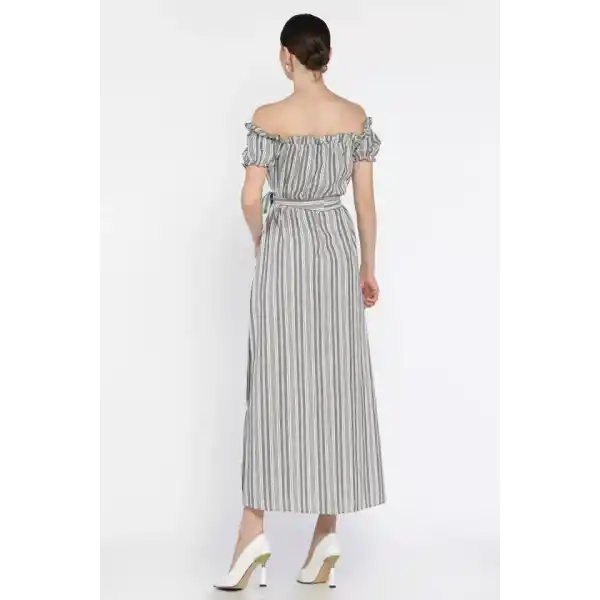 Madonna yaka midi yırtmaçlı kuşaklı keten elbise