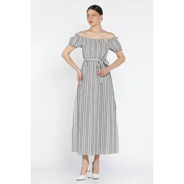 Madonna yaka midi yırtmaçlı kuşaklı keten elbise