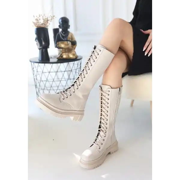 Mennd Bej Cilt Bağcıklı Çizme