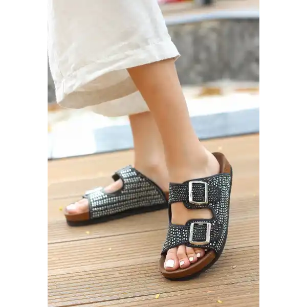 Monte Siyah Nubuk Boncuk İşlemeli Terlik