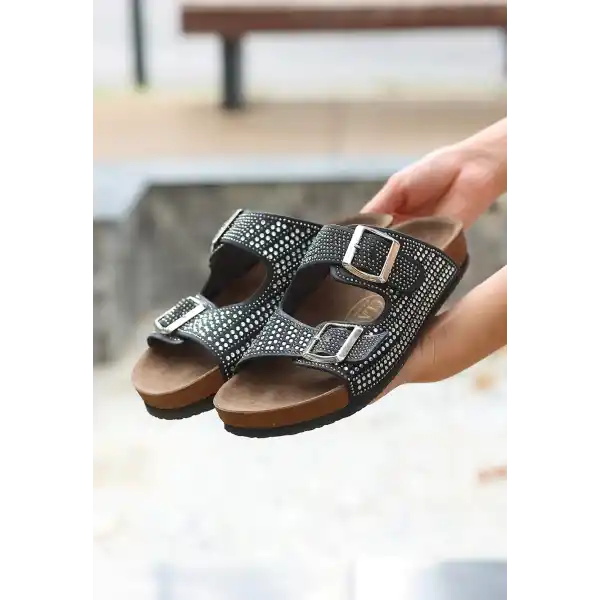 Monte Siyah Nubuk Boncuk İşlemeli Terlik