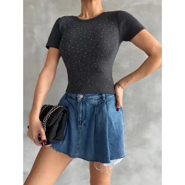 Önü taşlı antrasit bluz s3512