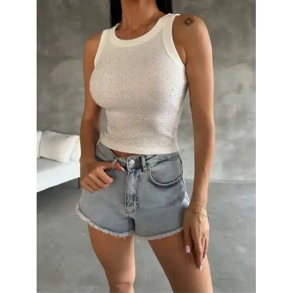 Önü taşlı atlet beyaz s081