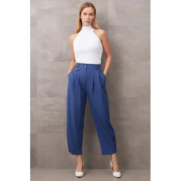 Paçası Düğmeli Yüksek Bel Pantolon