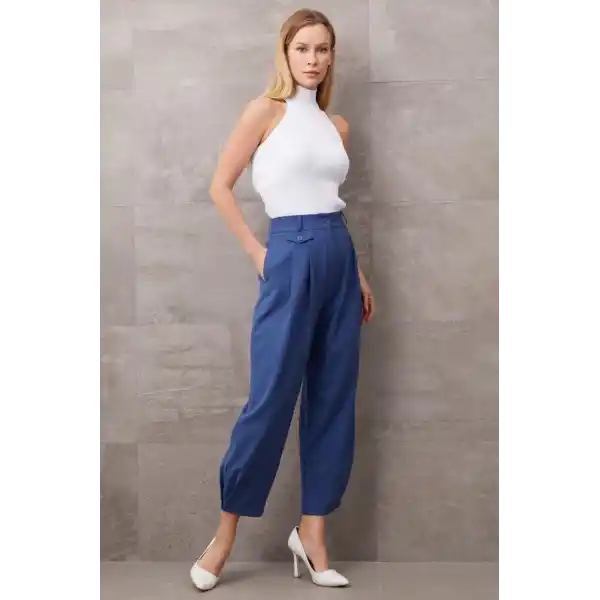 Paçası Düğmeli Yüksek Bel Pantolon