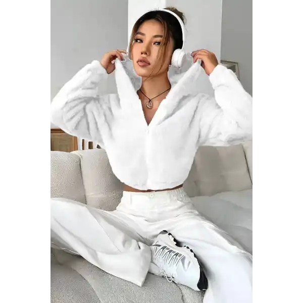 Peluş ceket kapşonlu beyaz