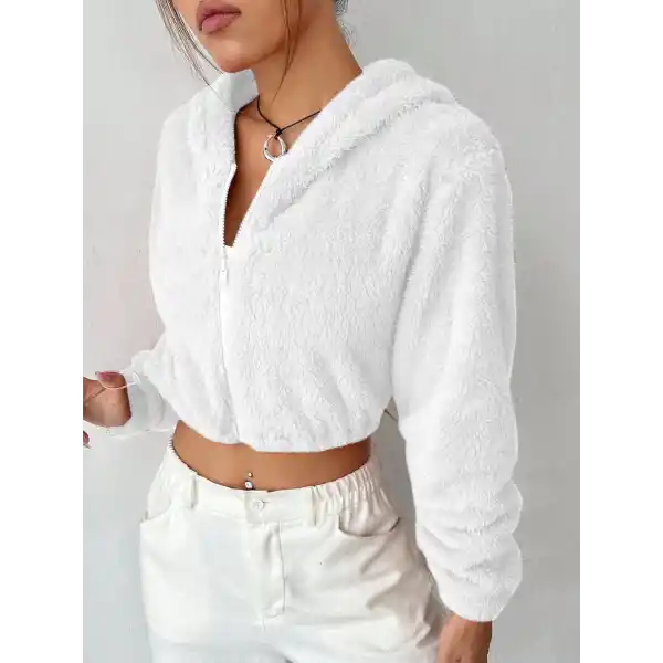Peluş ceket kapşonlu beyaz