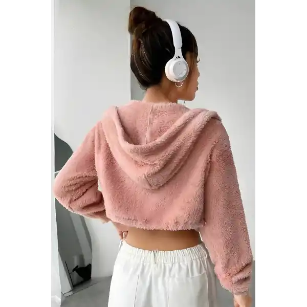 Peluş ceket kapşonlu pudra